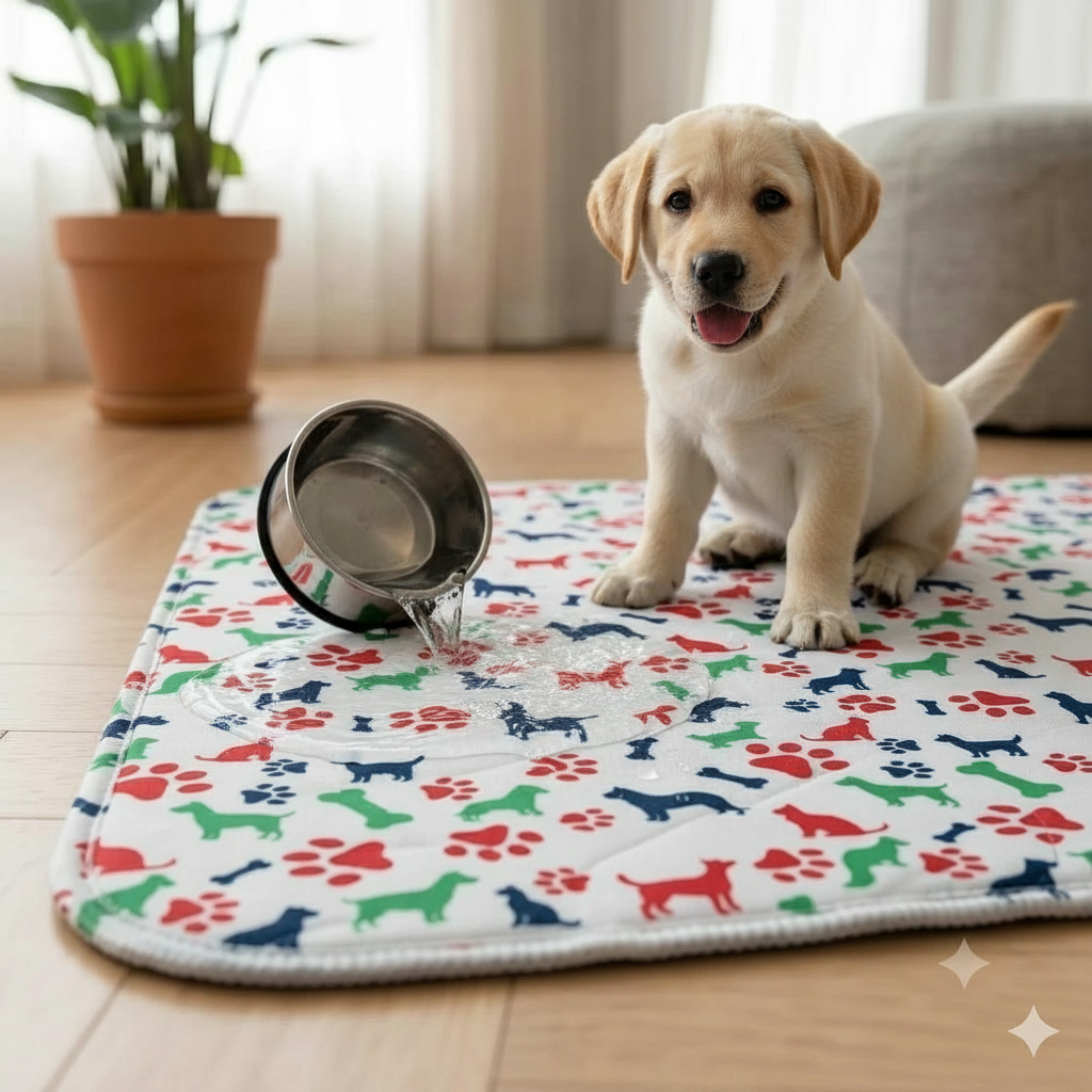 Cucciolo labrador con acqua versata sul tappetino